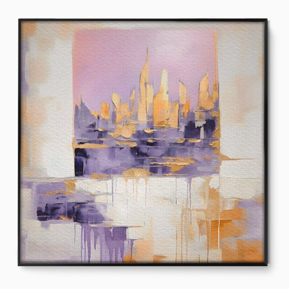 Tablou canvas cu pictura abstracta cu siluete de zgarie-nori, in rama de aluminiu negru